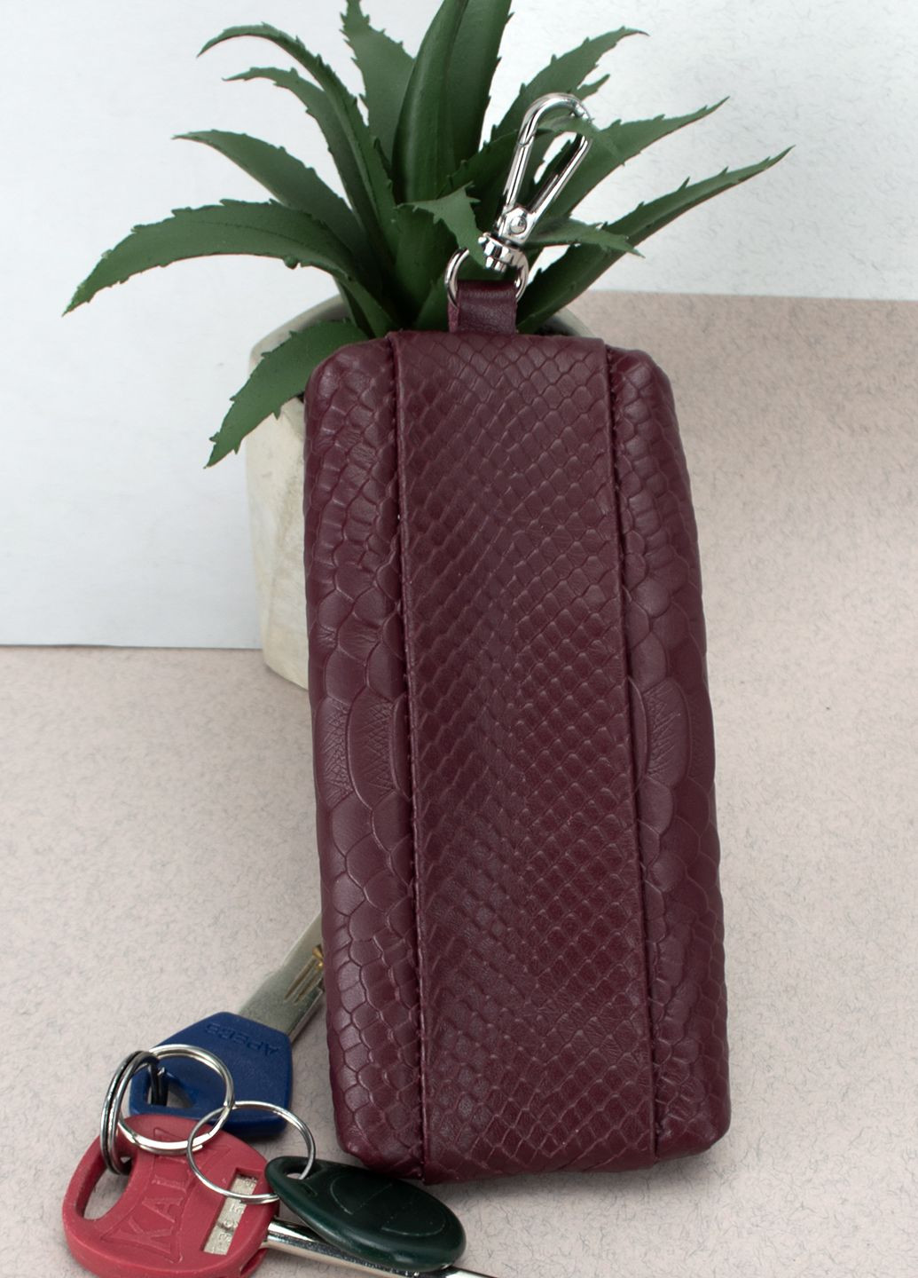 Подарунковий жіночий набір №92: гаманець Leona + обкладинка на паспорт + ключниця (бордовий пітон) HandyCover (283323783)