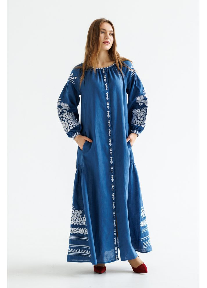 Синя жіноча лляна сукня-вишиванка (fm2926) Folk Moda (365729915)