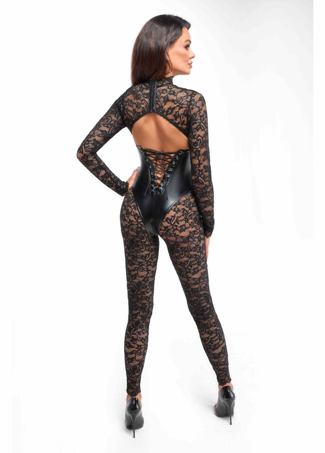 Комбинезон F299 Enigma, кружево, длинный рукав, имитация корсета, доступ - CherryLove Noir Handmade чёрный полиамид, эластан