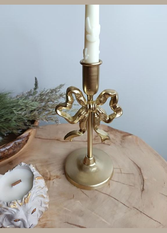 Подсвечник чугунный с бантом, золотистый, высокий, тяжелый 450 г No Brand (336381468)