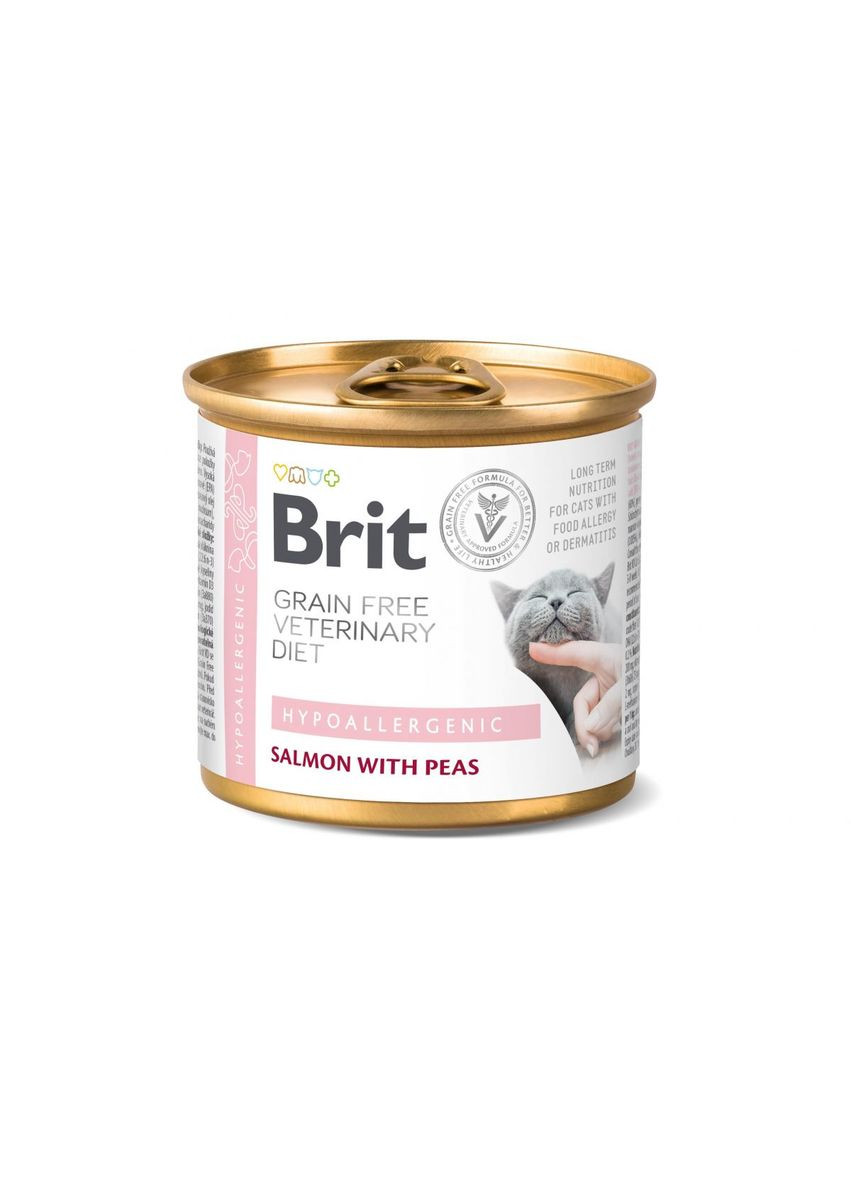 Влажный корм для кошек Veterinary Diet Hypoallergenic с пищевой алергией 200г, с лососем и горохом Brit (292114455)