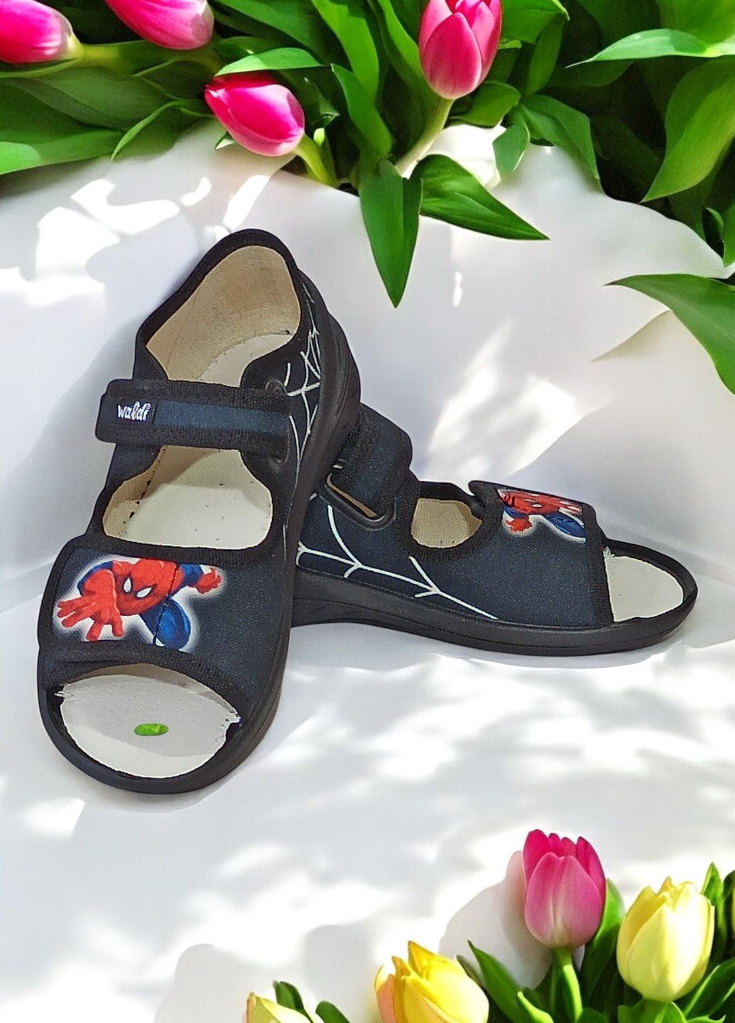 Черные детские открытые тапочки для мальчика ортопедические текстильные босоножки Waldi