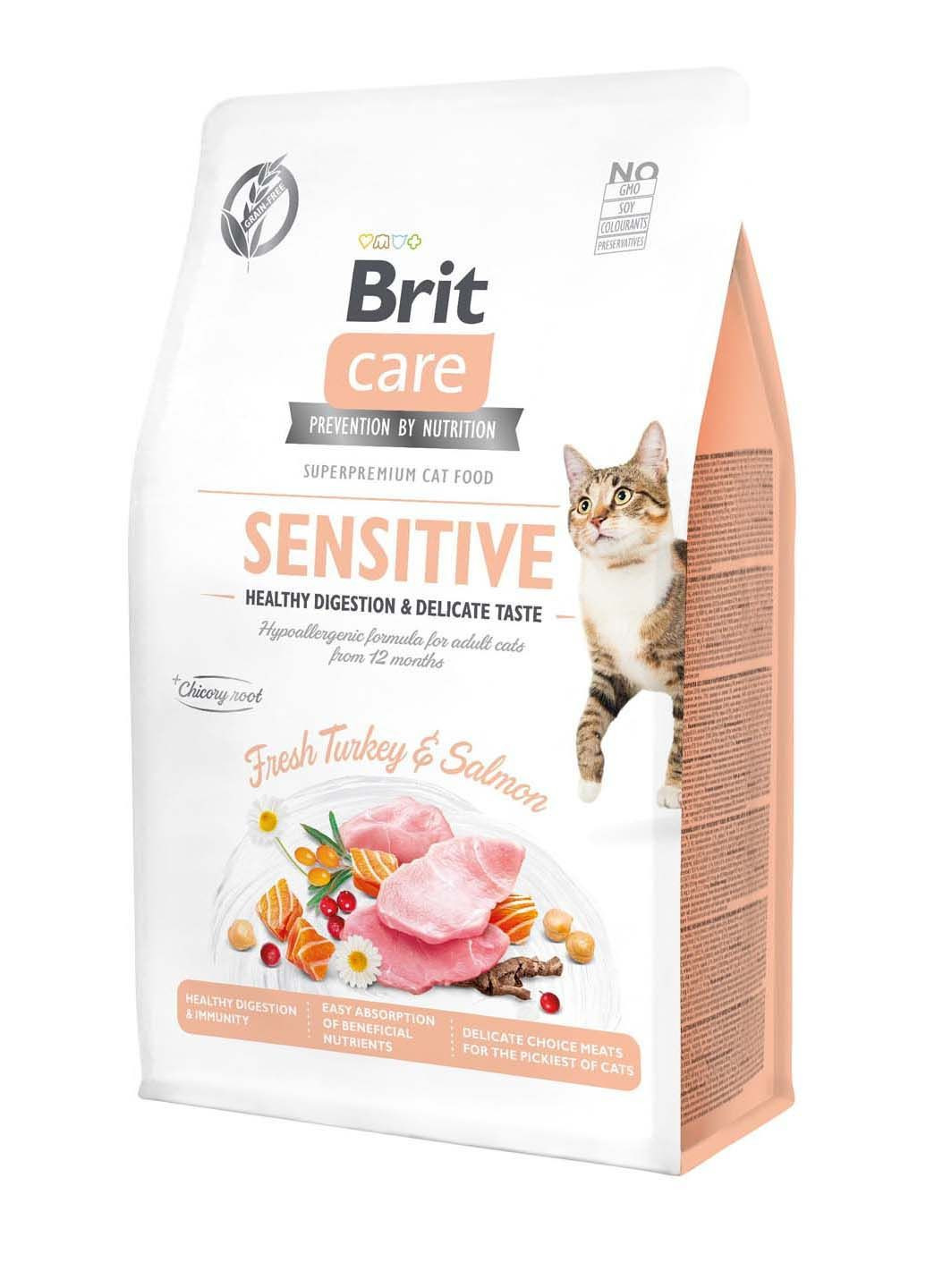 Сухой корм для привередливых кошек Cat GF Sensitive Digestion & Delicate Taste с индейкой и лососем 0.4 кг Brit Care (286472500)