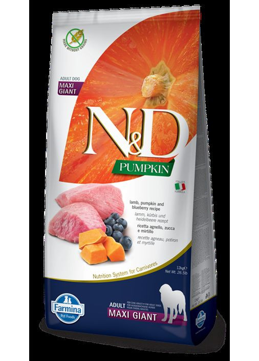 Беззерновой корм N&D Grain Pumpkin Dog Lamb/Blueberry Adult Giant Maxi для гигантских пород, с ягненком, 12 кг Farmina (360543992)