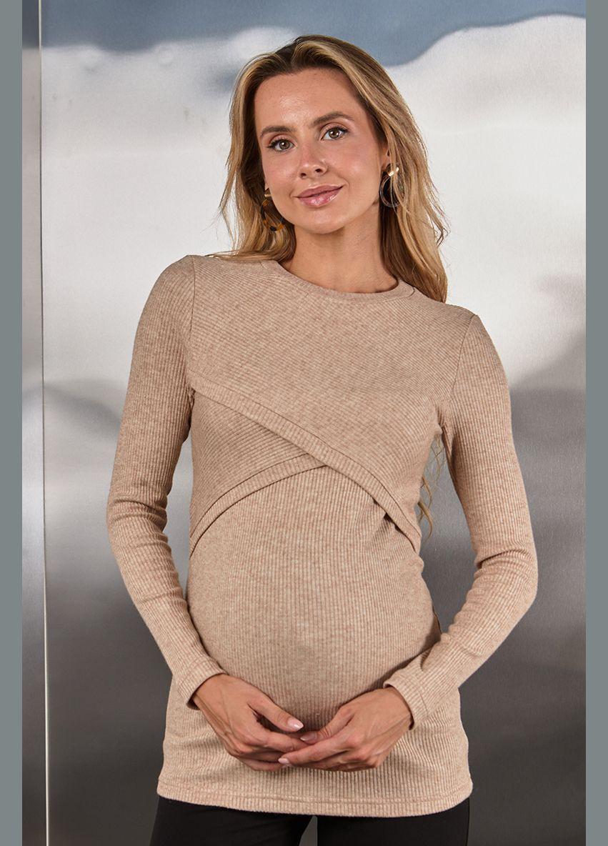 Теплий джемпер для вагітних та годуючих бежевий в рубчик Юла мама (302965720)