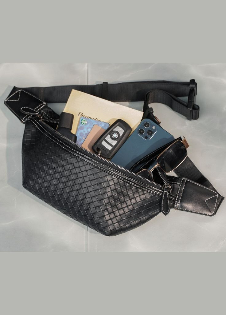 Мужская сумка бананка плетеная черная экокожа No Brand (301212308)