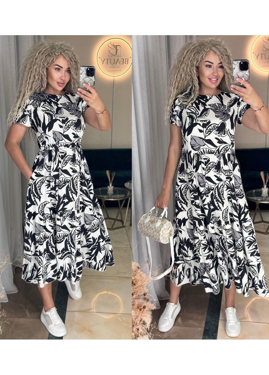 Чорно-білий сукня міді вільний фасон підходить на всі типи фігури No Brand