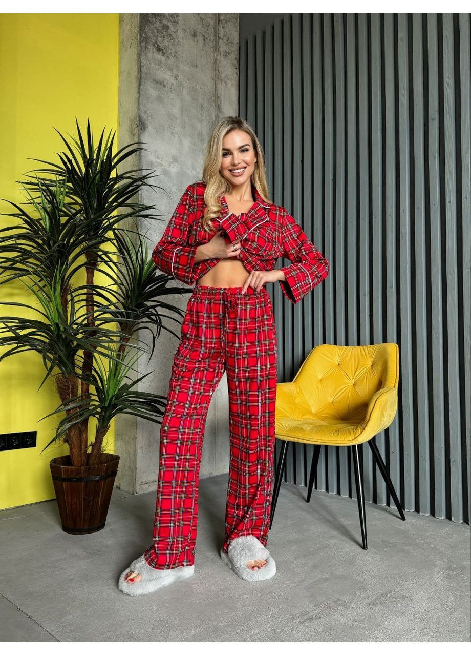 Красная всесезон пижама рубашка + брюки No Brand