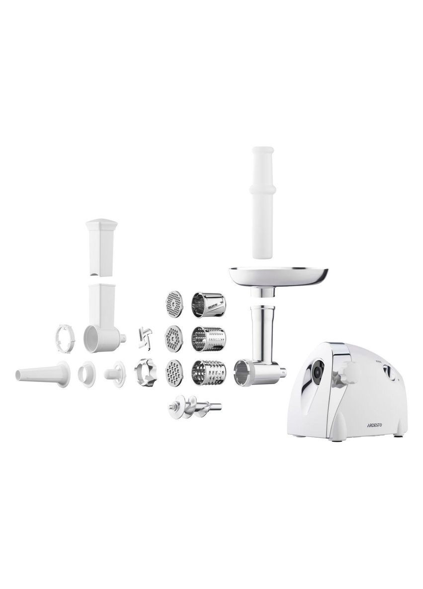М'ясорубка, 2000Вт, продуктивність-1.9кг/хв, 3 решітки + для ковб., кеббе, 3 тертки, пластик, біло-сріблястий Ardesto (372458010)