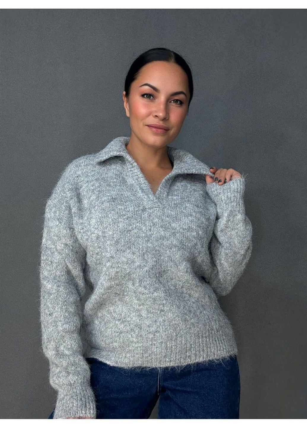Сірий демісезонний светр жіночий a-n 19-1 з коміром поло теплий вільний No Brand