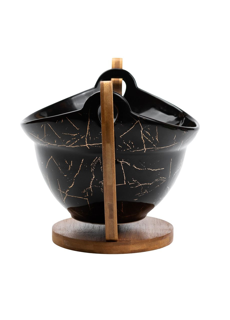 Фруктівниця фарфорова овальна чорна з бамбуковою підставкою для фруктів та декору ProDobro (364189919)