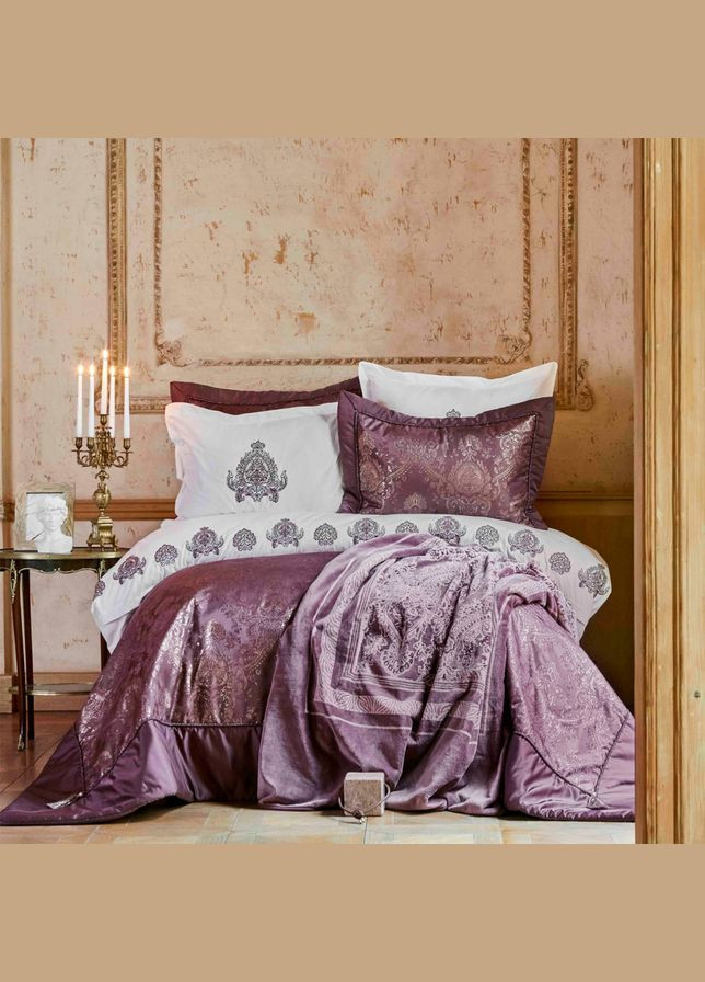 Набор постельное белье с покрывалом + плед Ilona murdum сиреневый евро (10) Karaca Home (285778478)