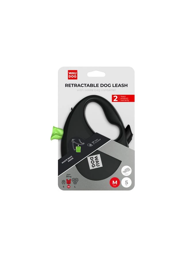 Поводок-рулетка для собак R-leash с контейнером для пакетов, светоотражающая лента, M, до 20 кг, 5 м, черный WAUDOG (331068479)