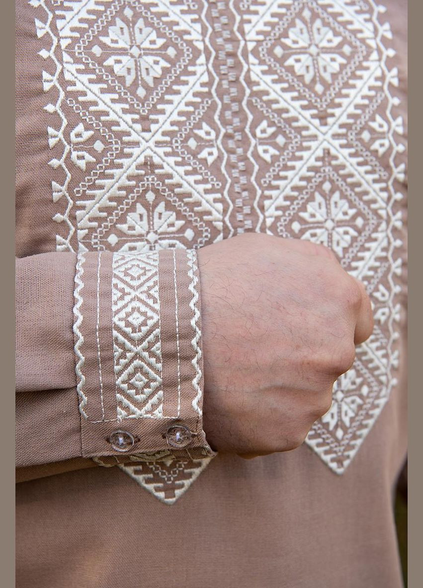 Кофейная льняная мужская вышиванка орнамент кофейный Україна лен (322641020)