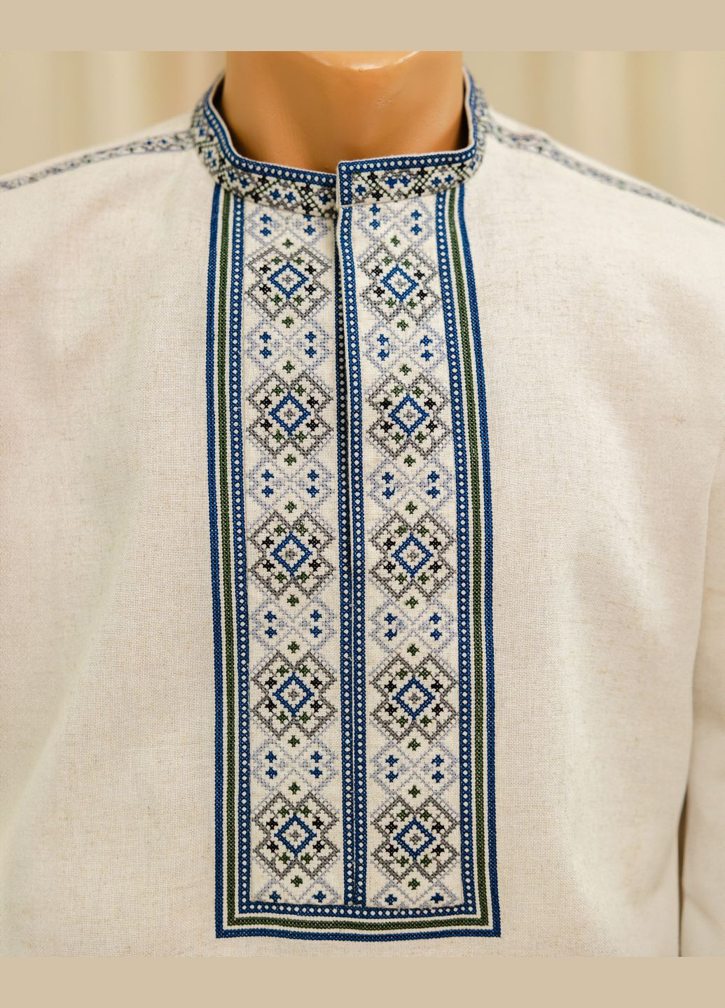 Светло-бежевая вышиванка мужская, рубашка вышиванка сокол, рубашка вышитая узор орнамент прямой вискоза, лен (334001039)