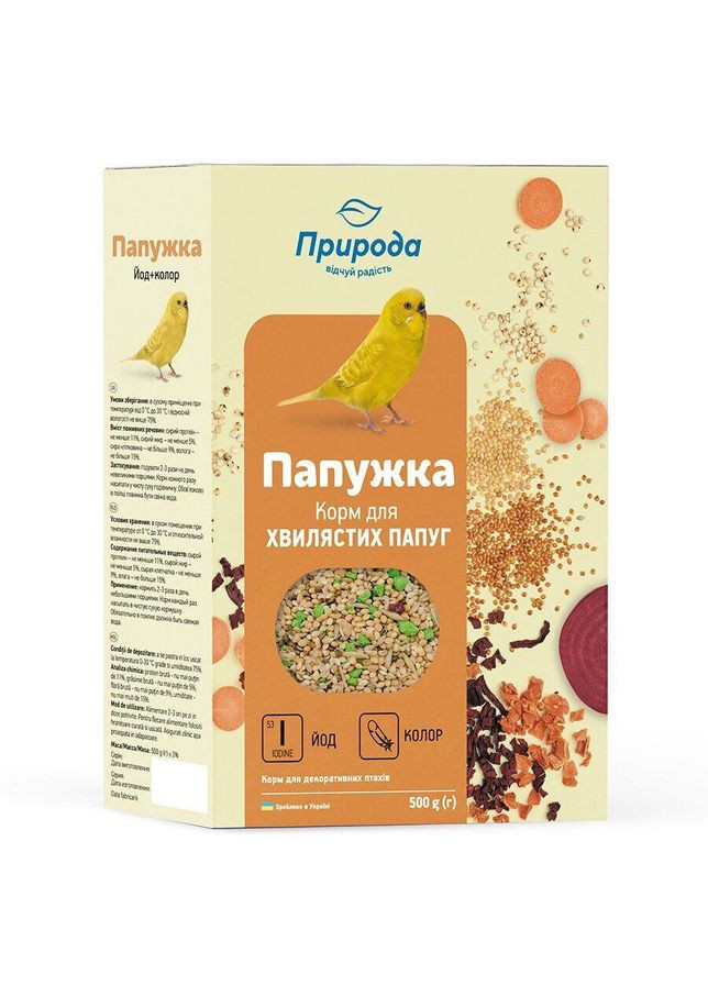 Корм для хвилястих папуг Папужка + Йод і Колор 500 г (4823082410859) Природа (316135314)