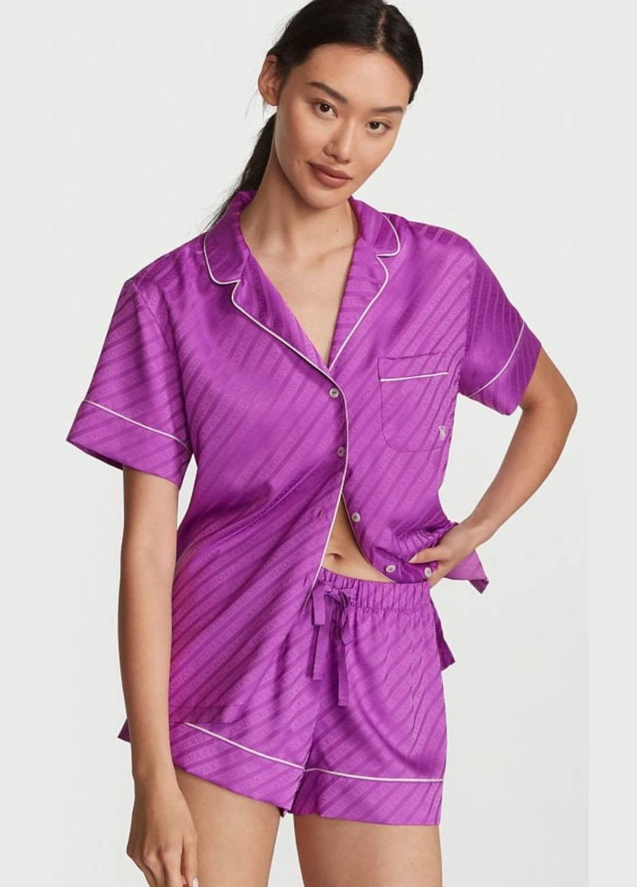 Фіолетова всесезон піжама жіноча satin short pajama set сатинова фіолетовий сорочка + шорти Victoria's Secret