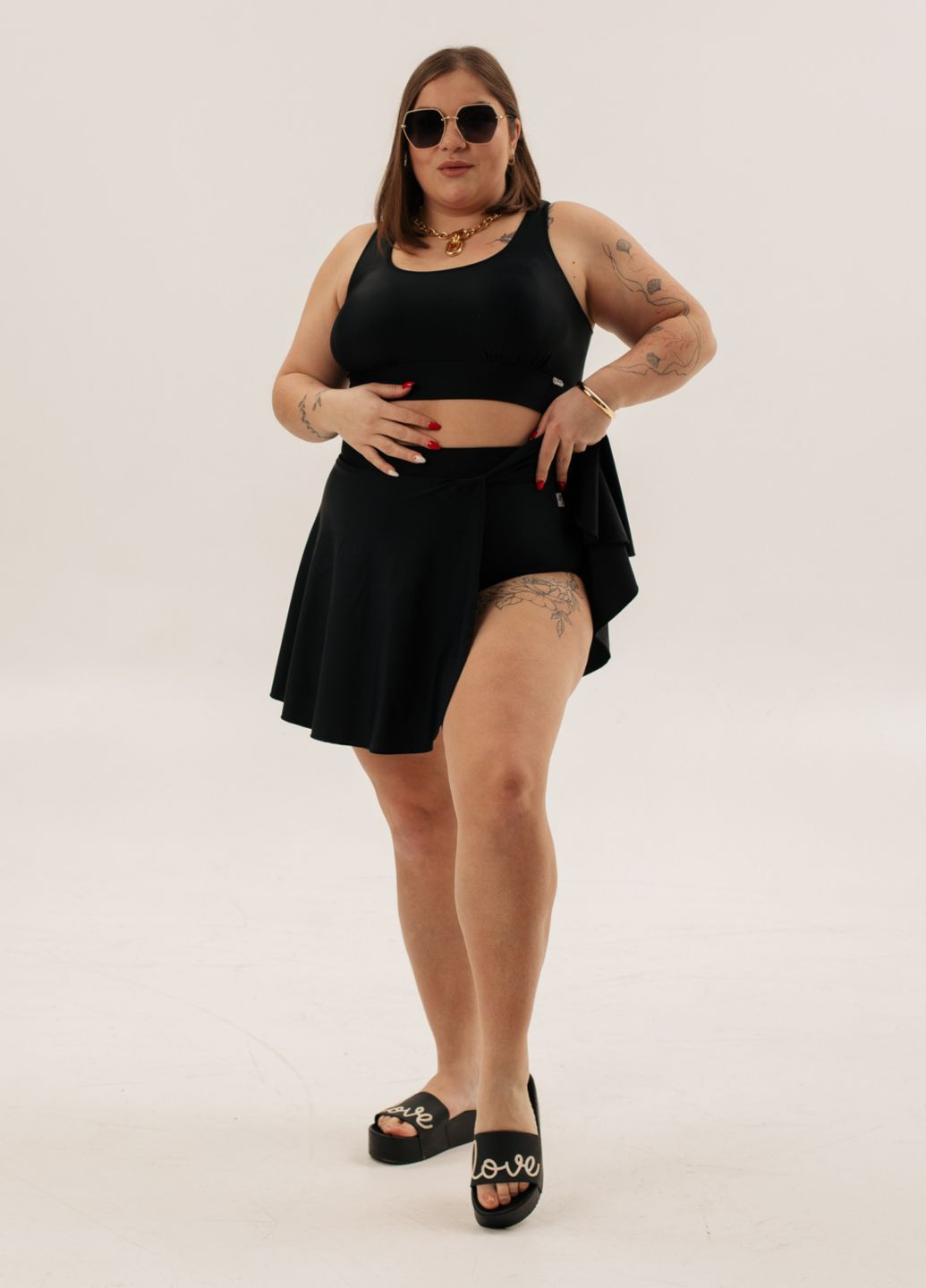 Черный демисезонный раздельный купальник черный низ-плавки-юбка раздельный Ods