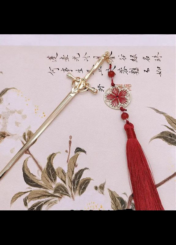 Металлическая шпилька-палочка для волос в азиатком стиле золотистая с красным No Brand (311222476)