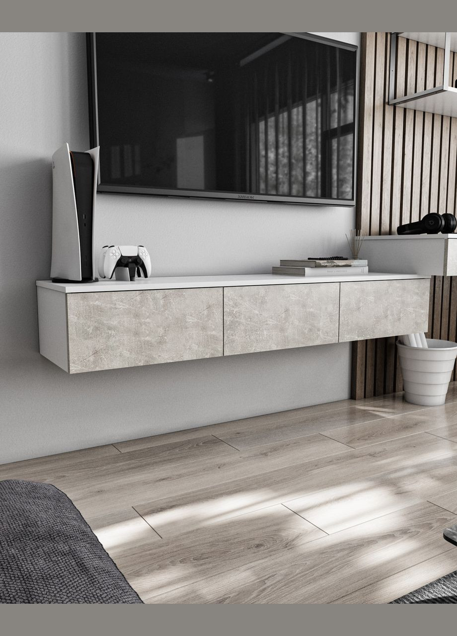 Підвісна тумба під ТВ у вітальню, TV тумба на 3 шухляди, тумба під телевізора T-221 від Білий/Бетон MORELI (335423506)