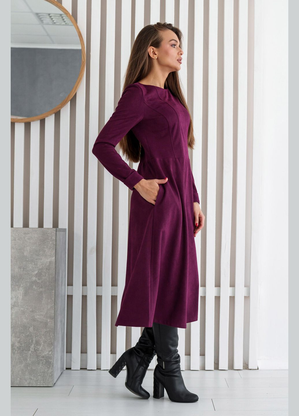 Бордова повсякденний жіноча сукня міді довжини напівприлеглого силуетута з розкльошеною спідницею (су 1523) RiMari