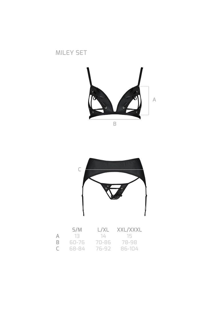 Чорний демісезонний комплект з екошкіри miley set s/m, black, трусики, бюстгальтер, пояс для панчіх Passion