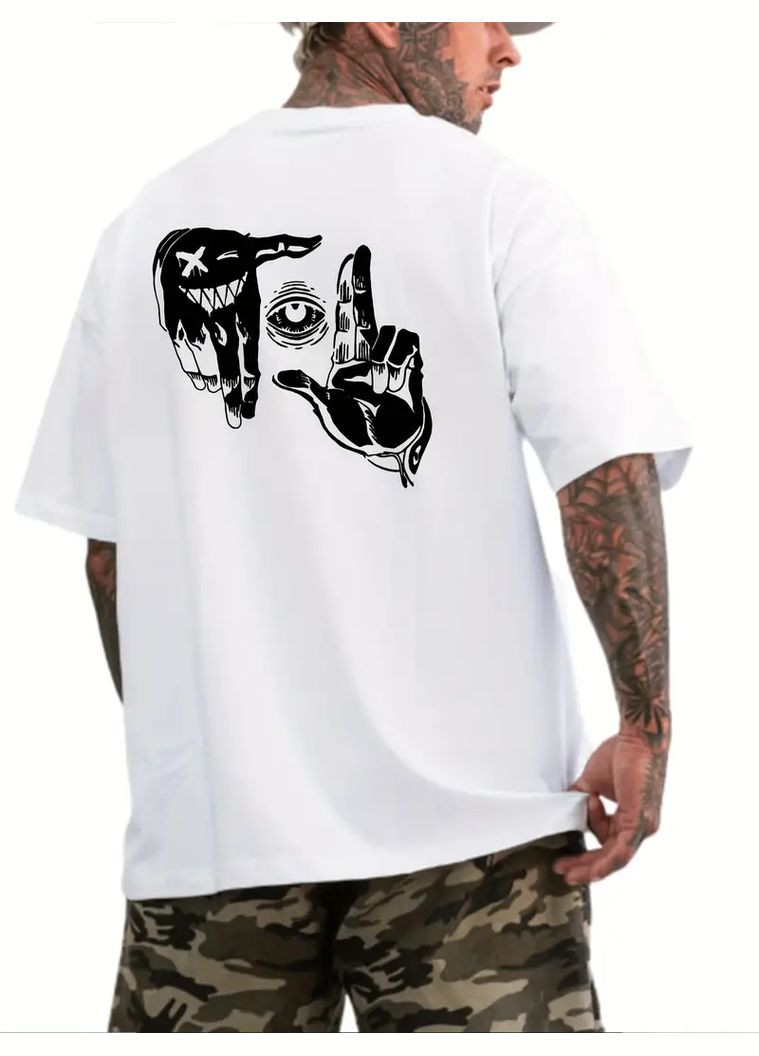 Комбінована чоловіча легка біла оверсайз футболка з трендовим принтом No Brand