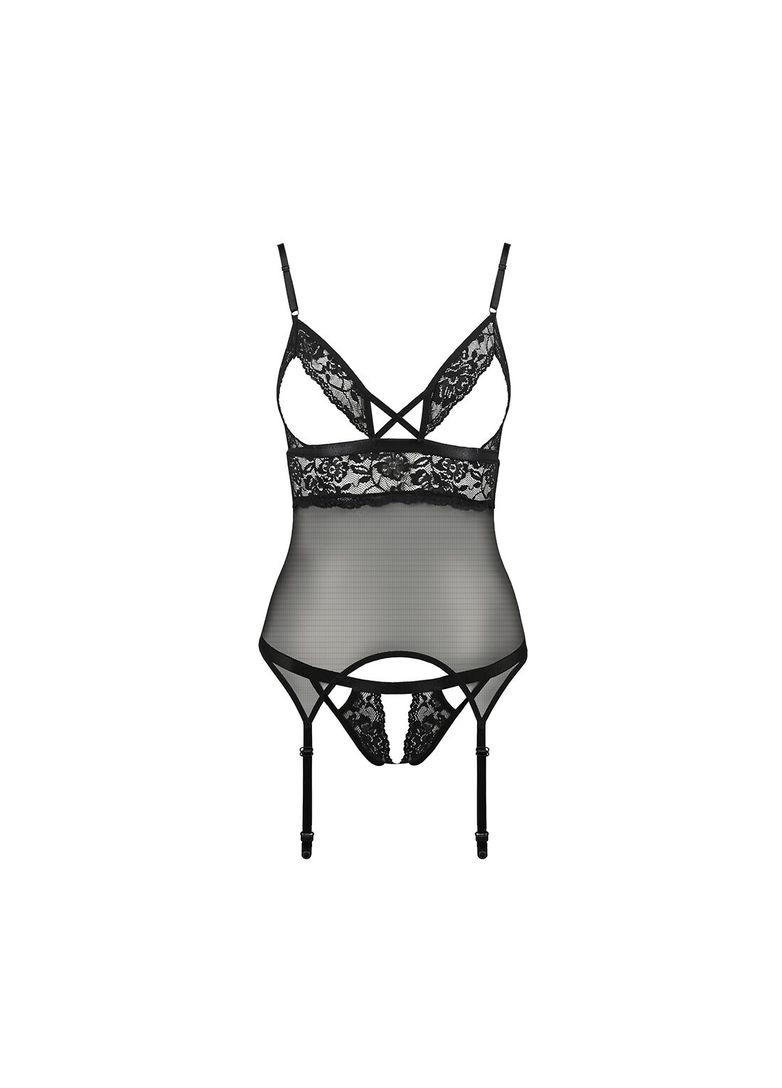 Корсет з відкритими грудьми DIABOLINA CORSET S/M, black, пажі, трусики, напівпрозорий Passion (369951860)