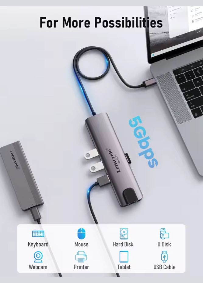 USBхаб 10 в 1 Lemorele TC46 концентратор (Type-C to USB-C, 2хUSB 3.0, 2хUSB 2.0, HDMI, RJ45, SD, PD) No Brand (316132021)