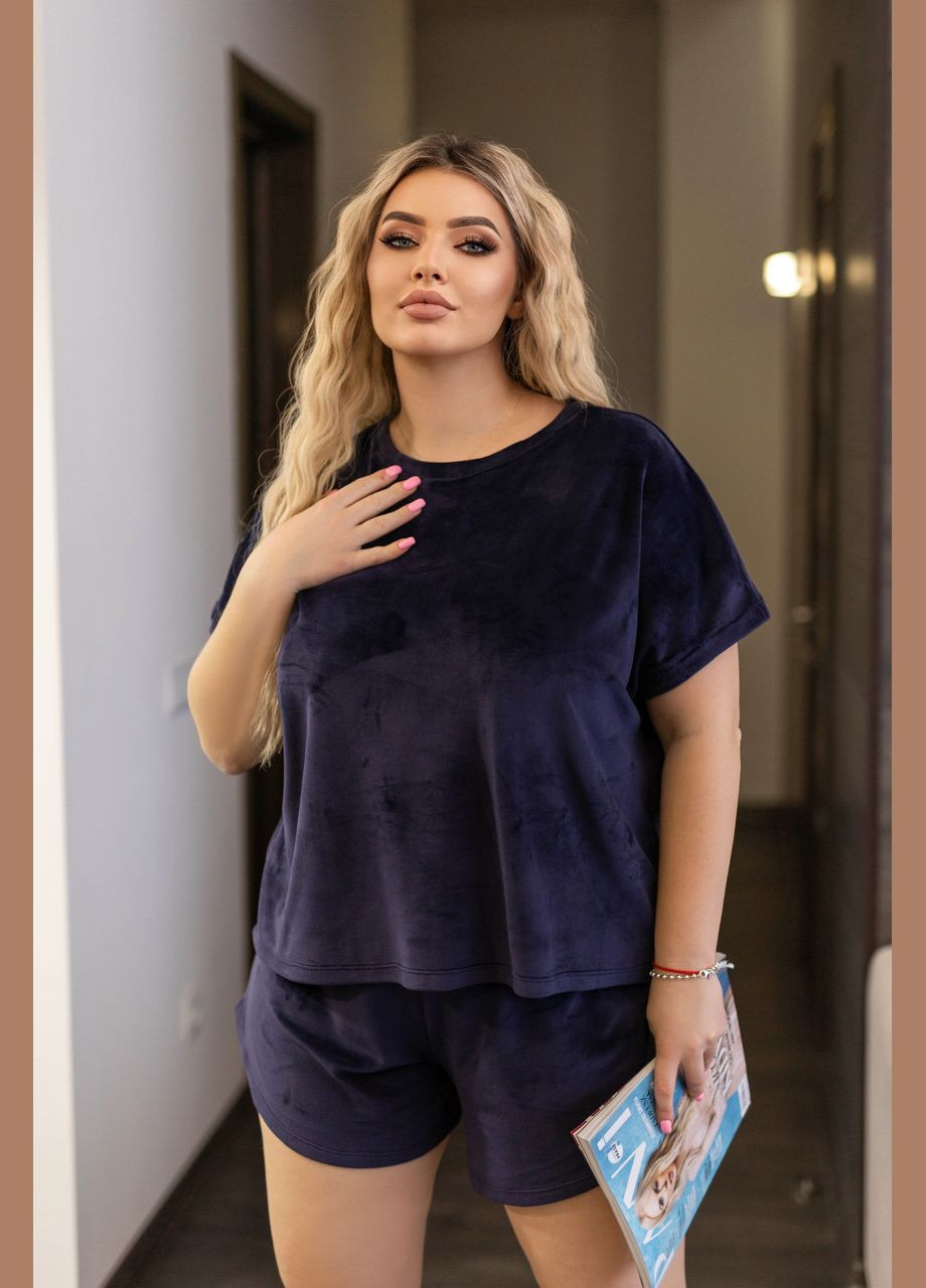 Темно-синя всесезон велюрова піжами двійка (футболка та шорти) Fashion Girl