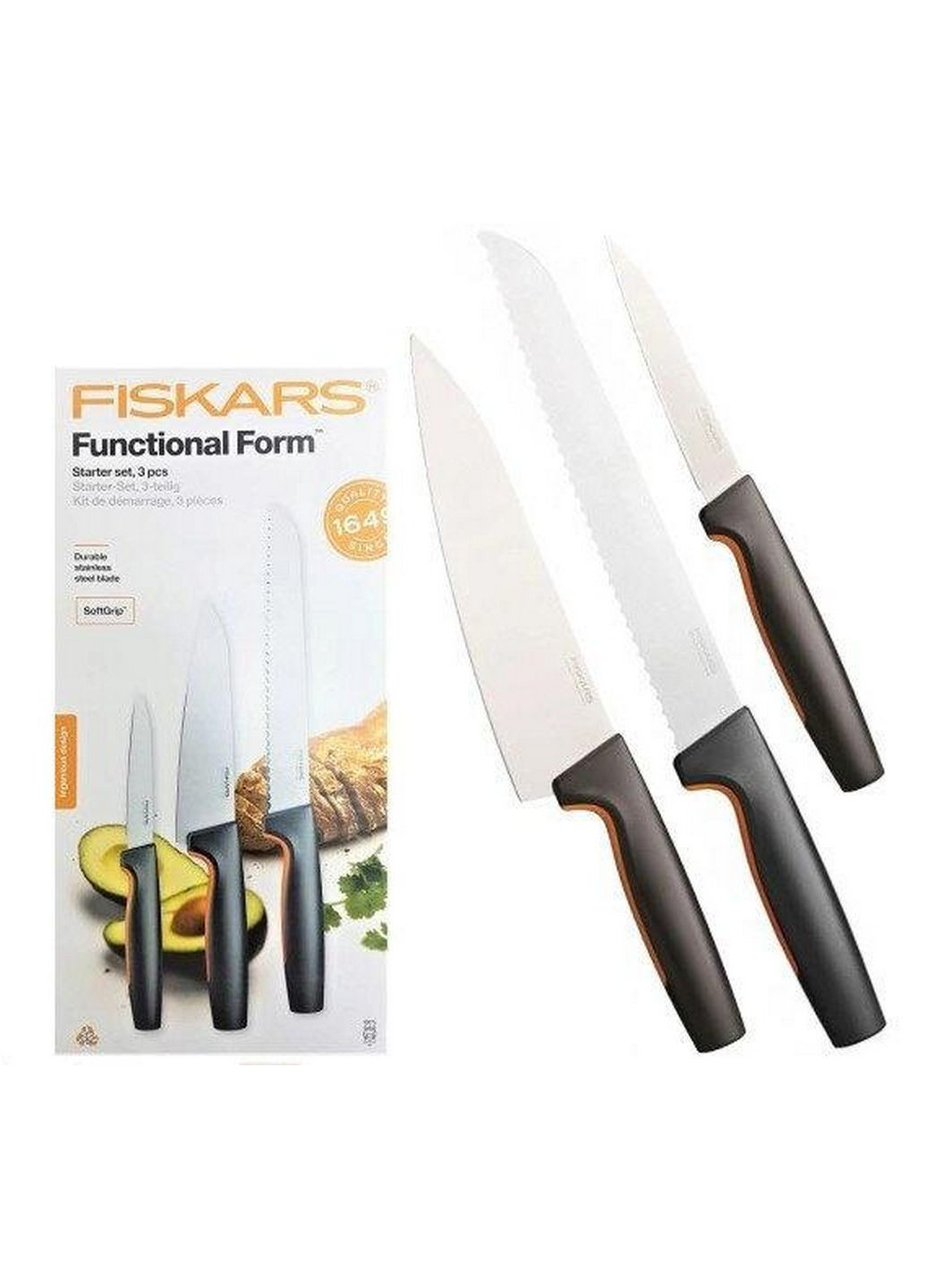 Набор из 3 кухонных ножей Fiskars серые,