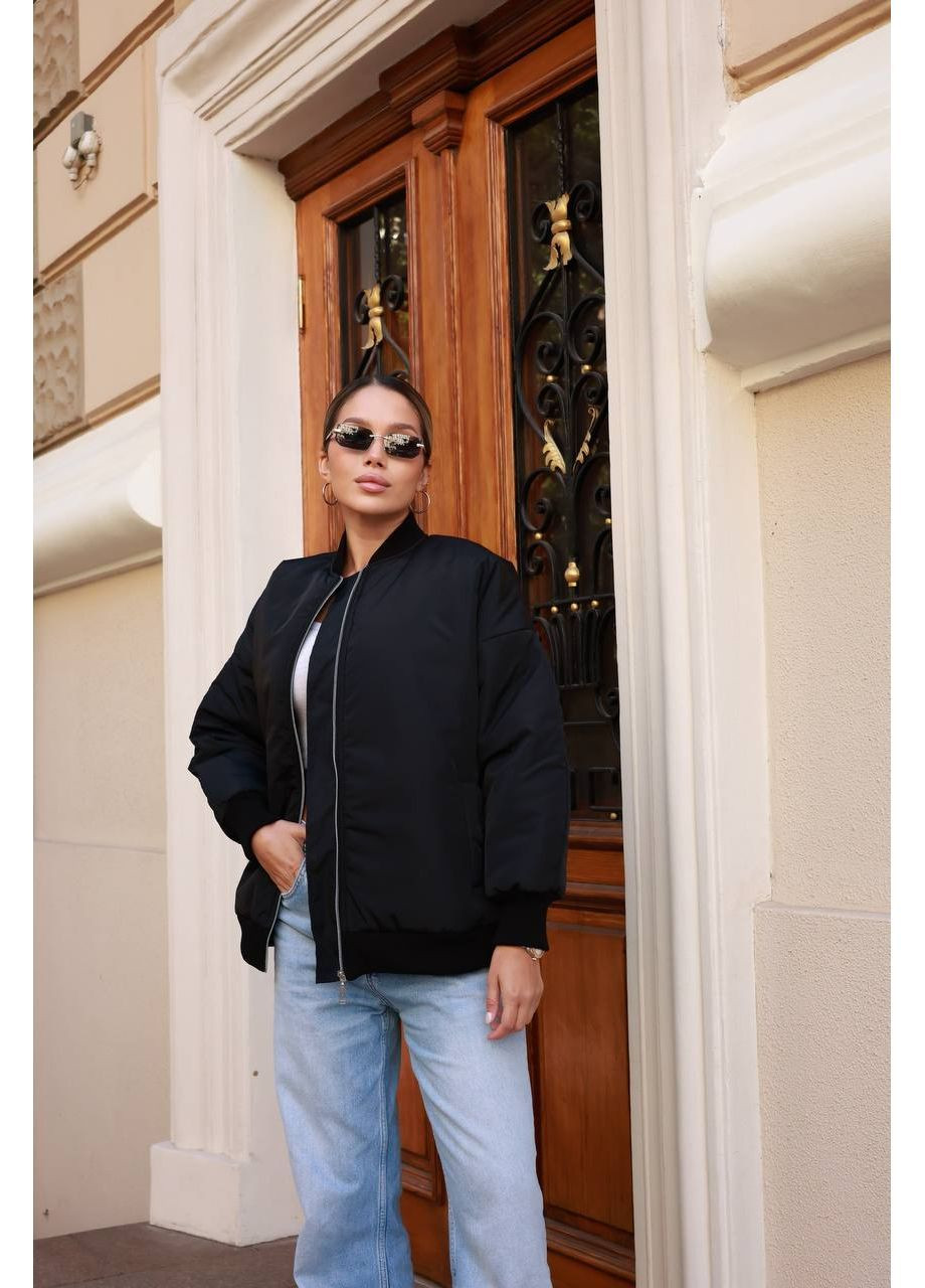Жіночий бомбер плащівка осінній чорний на блискавці (362416871)