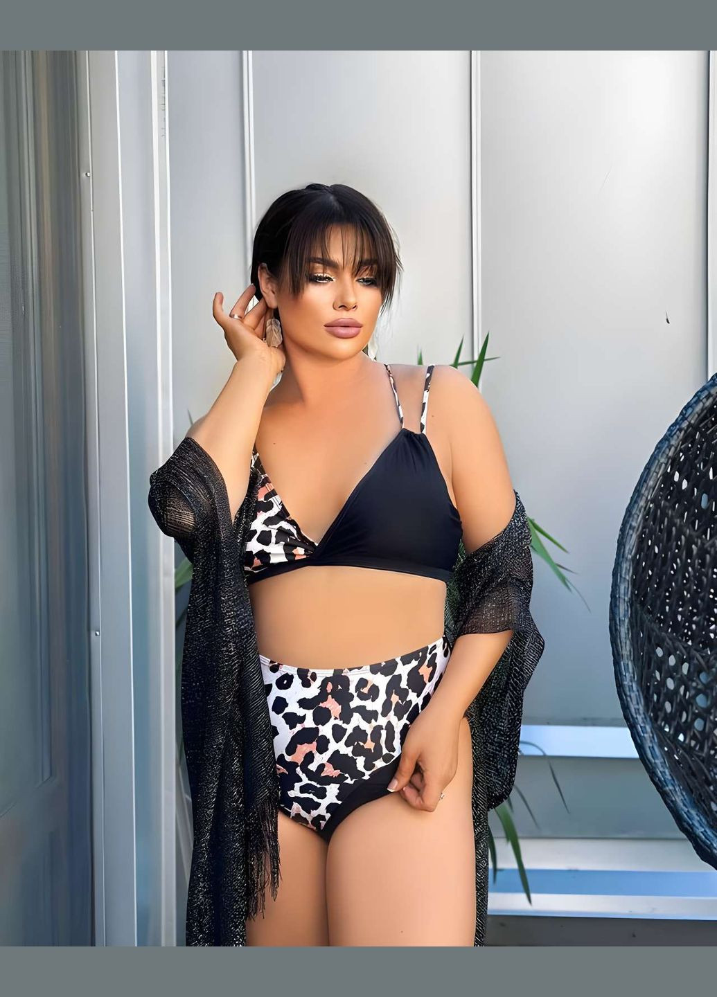 Черный летний летний женский леопардовый раздельный асимметричный купальник леопард 4хл. No Brand