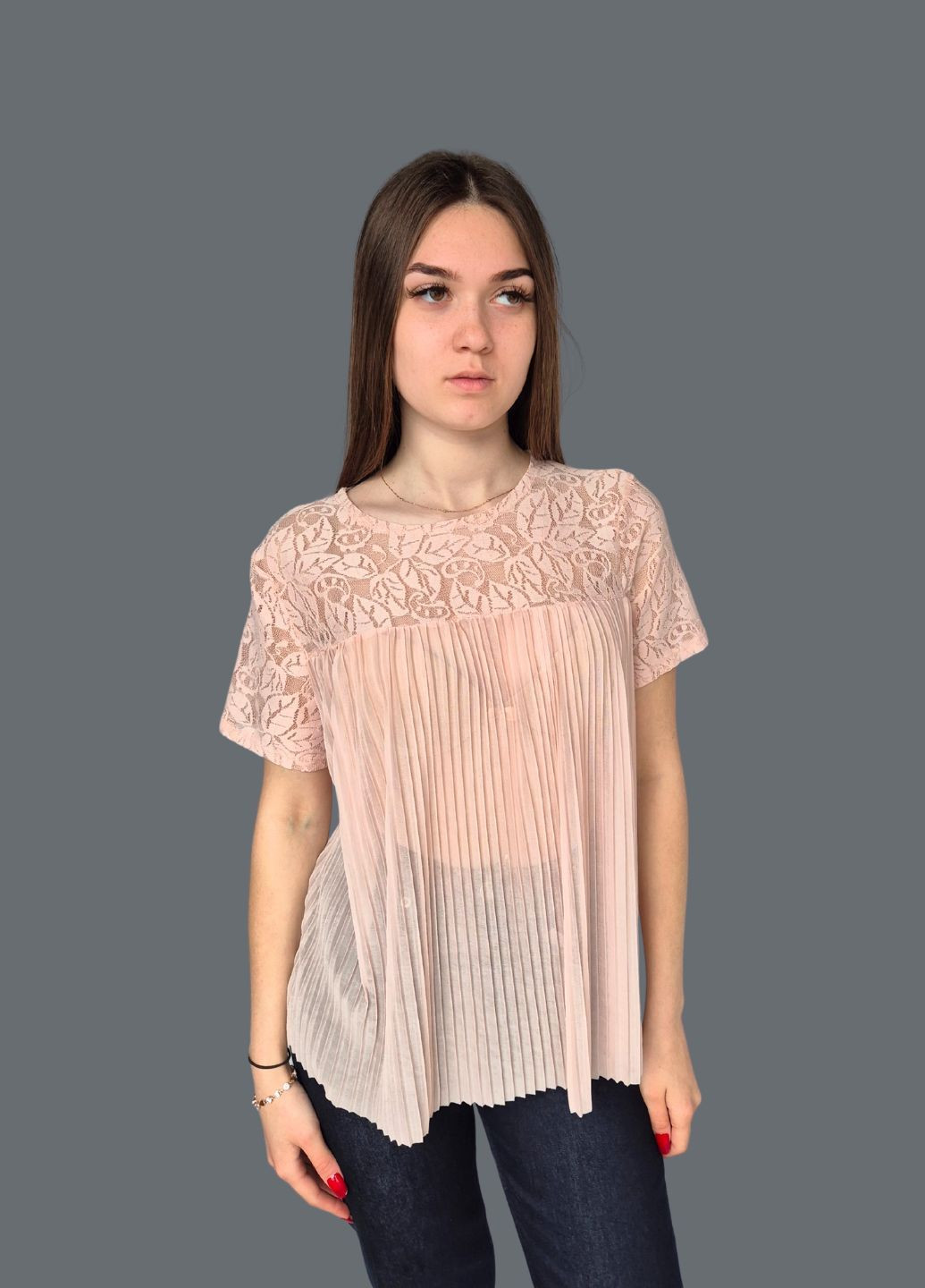 Персиковая блузка женская плиссе с гипюровым верхом G&N