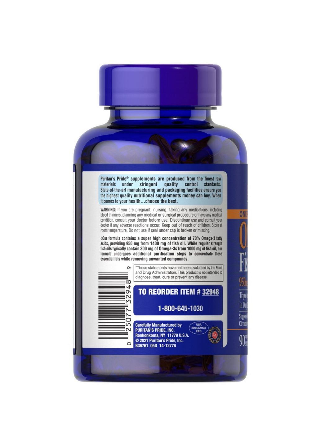 Жирные кислоты One Per Day Omega 3 Fish Oil 950 mg, 90 капсул Puritans Pride (293479809)