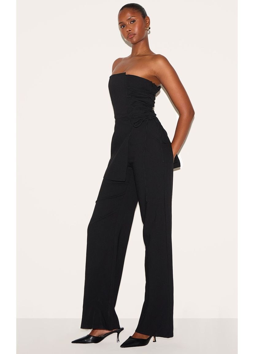 Приталенный комбинезон со шнуровкой No Brand Комбінезон зі шнуровкоб по талії з вільними штанами чёрный карнавальный, праздничный, повседневный, денил, вечерний, деловой