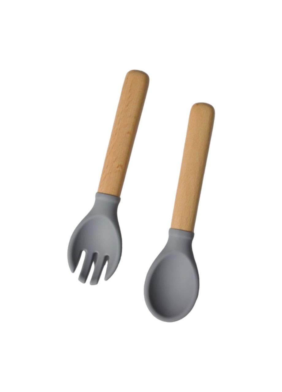 Прилади силіконові дитячі ложка та вилка з дерев'яною ручкою, grey oldbro (315819050)