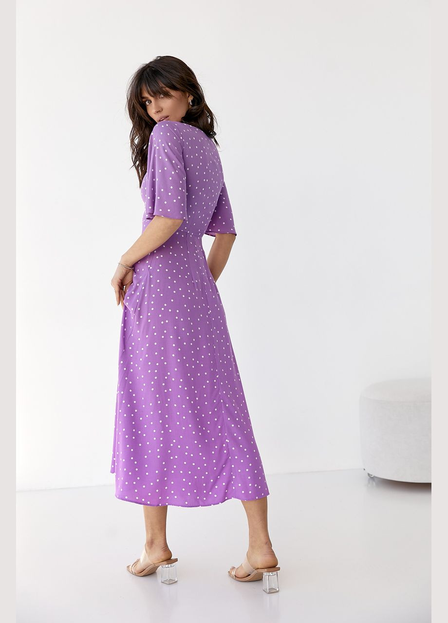Фіолетова вечірня сукня-міді з короткими розкльошеними рукавами - фіолетовий колір, s (sku_6365) No Brand в горошок