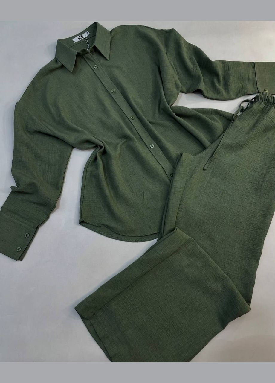 Летний костюм двойка цвета хаки из натурального льна No Brand 1740-3 (337096901)