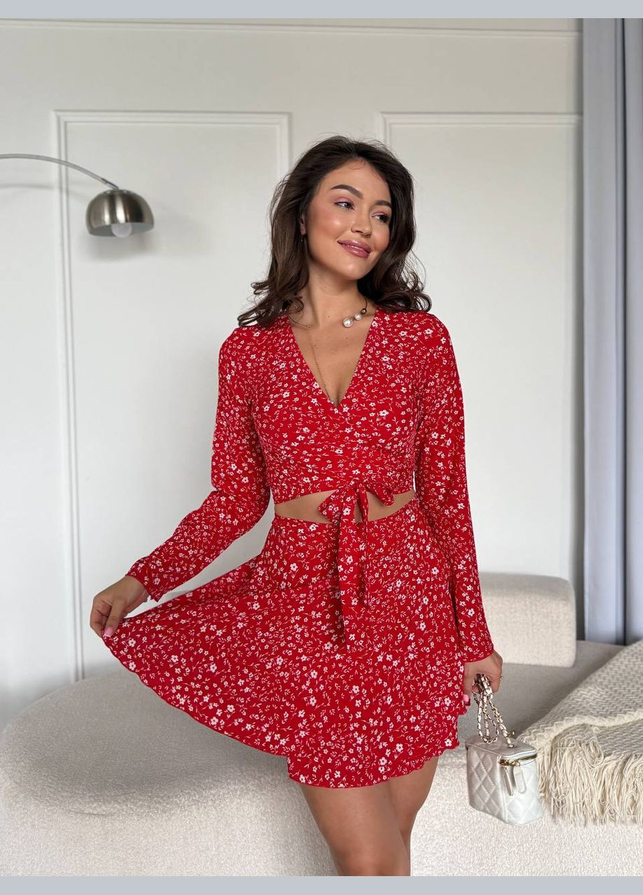 Жіночий костюм двійка: укорочена кофта та спідниця в квітковому принті MonCher (334256861)