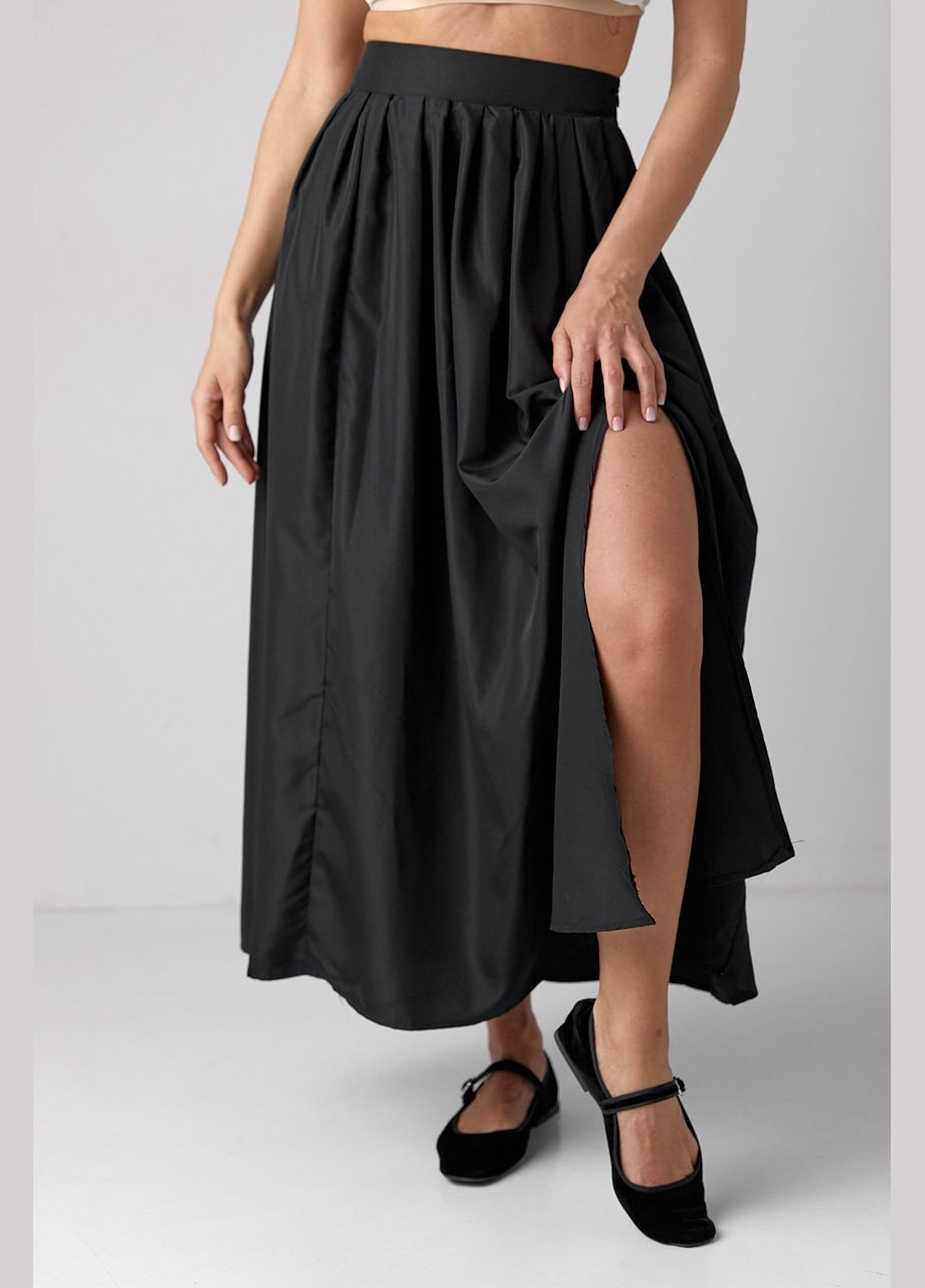 Черная офисная, повседневная, вечерний однотонная пышная юбка со складками на высокой талии и разрезом Liton пышная