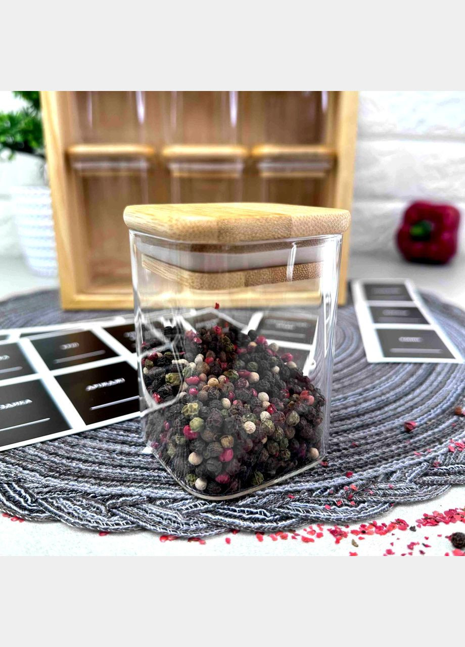 Великий набір скляних ємностей для спецій у дерев'яному боксі + наклейки, 13 предметів Hell (303211270)