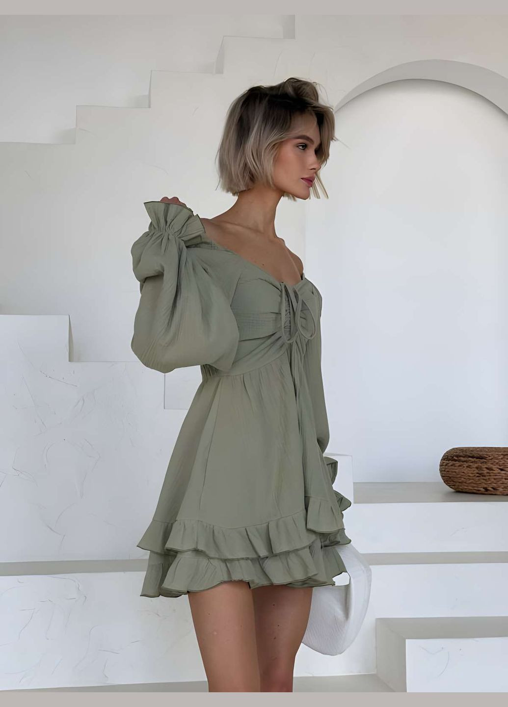 Оливковое (хаки) праздничный, коктейльное, карнавальный, повседневный, кэжуал, вечернее женское летнее легкое муслиновое короткое платье мини с рюшами весна лето коричневое шоколадное Larionoff
