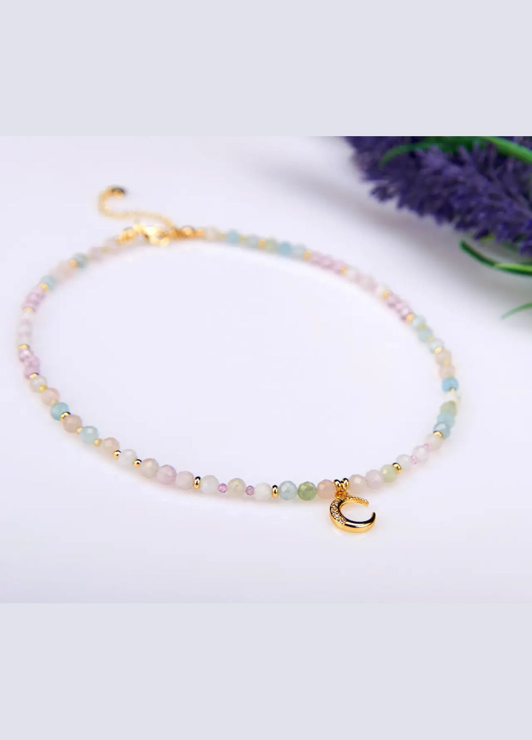 Чокер натуральный Морганит, Адуляр (Лунный камень), Циркон, фур-ра гип-ный сплав цвет золото d-4х2мм L-37,5-42,5см No Brand морганит, лунный камень латунь, натуральный камень, медицинский сплав золото (324836261)