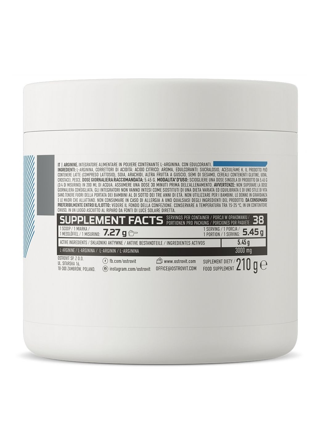 Амінокислота Arginine, 210 грам Без смаку Ostrovit (293419004)