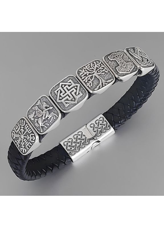 Браслет із рунами Вікінгів зі срібла з натуральною шкірою 22 см No Brand (364202093)