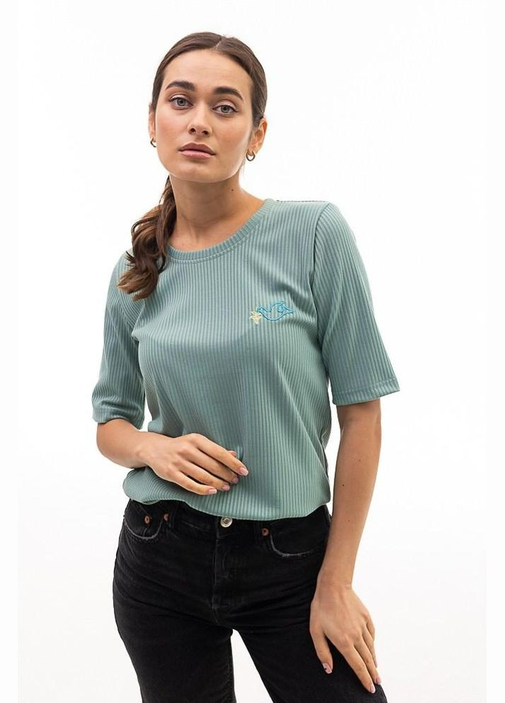 Комбинированная всесезон женская футболка в рубчик мятная с голубем мира mkar467574-1 Modna KAZKA