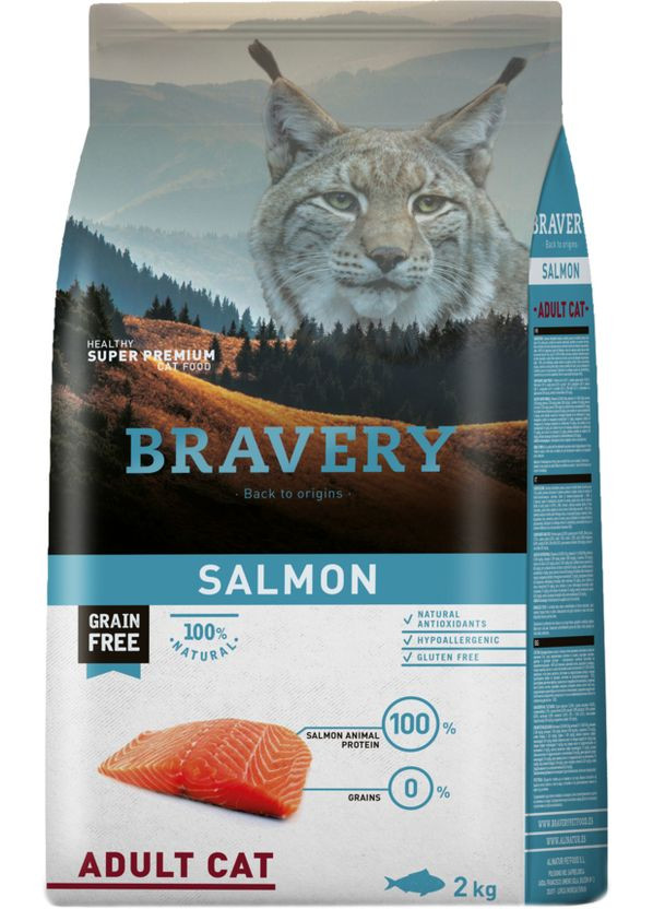 Сухий корм для дорослих кішок Salmon Adult Cat з лососем 2 кг (8436538947647) Bravery (307981001)