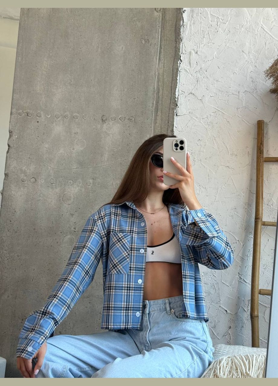 Голубой повседневный рубашка в клетку Гермес с длинным рукавом