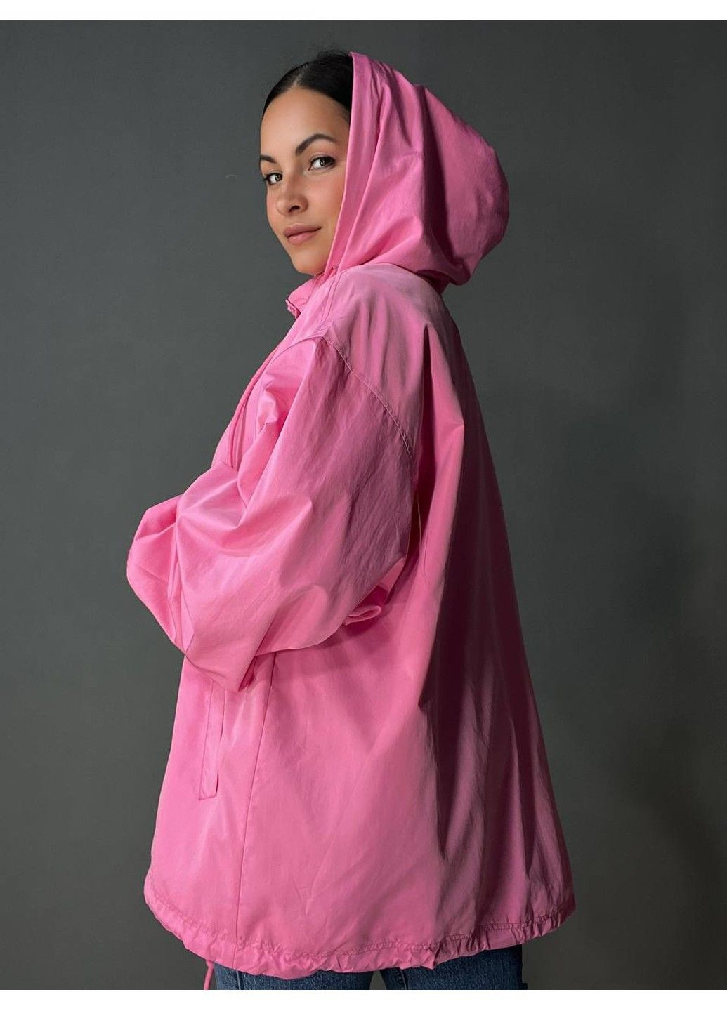 Рожева демісезонна куртка жіноча 9096-1 вітрівка оверсайз подовжена з капюшоном Lady yep